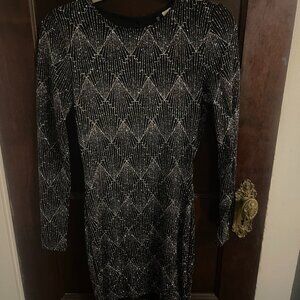 H&M Glitter Mini Dress, Art Deco Pattern, Black, Silver, Bodycon, Open Back